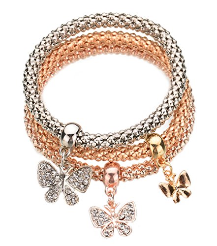 Greendou Stretch Bracelets 3PCS Gold/Silver/Rose Gold Corn Chain Crystal Butterfly Charms Multilayer Bracelets for Women