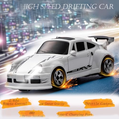 Image of RC Drift Car, 1 /64 Mini RC Remote Control Car, 2.4GHz Full Proportional RTR High Speed Micro Sports Racing Drift, 4WD HobbyFast Race Vehicle with Lights, Model Toys Gift for Kids, Boys, Adults
