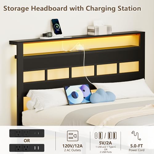 Image of Furnulem Queen Bed Frame with Storage Headboard and LED Lights, Metal Bedframe with Charging Station and USB Port, Queen Size Platform Bed with Heavy Duty Slats, No Box Spring Needed, Black Oak