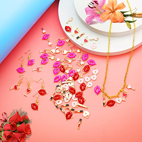 Rechicgu 90Pcs Love Valentine's Day Charms Heart Red Lips Key Wine Glasses One Hole Pendant Jewelry Making Diy Necklaces Bracelets Keychains Earrings Gifts #TOP1