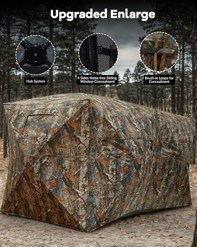 Hunting Blind 270 Degree See Through Ground Blind for Deer Turkey Hunting, 4-6 Person Portable Pop Up Hunting Blinds Ground, Waterproof Camouflage Tent With Windows, Silent Door and Carrying Bag - Thumbnail 3