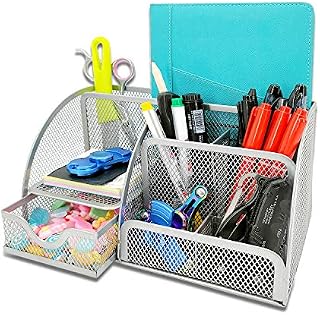 MDHAND Desk Organiser and Accessories, Mesh Fabric with 6 Compartments and Drawer, Space Saving Functionality, Office Storage