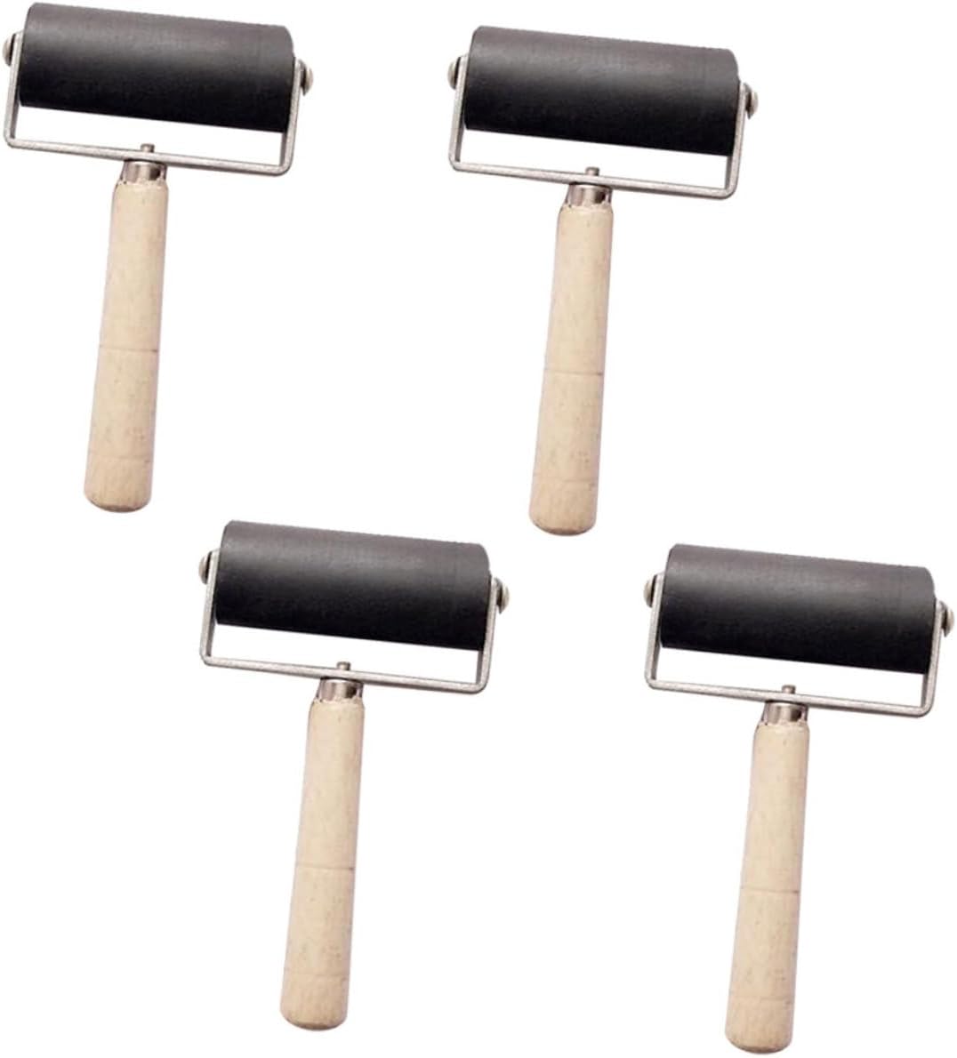Veemoon 4pcs 6cm Roller Set for Printmaking Rubber Ink Rollers Wooden Handle for Crafting and Stamping Tools