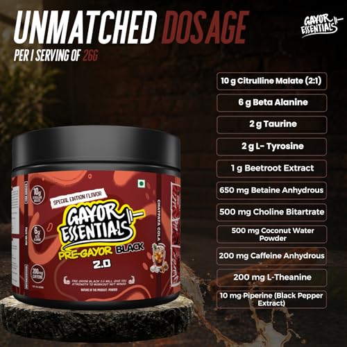 Image of Gayor Essentials Pre gayor black 2.0 Pre Workout High Stim Energy, Focus & Muscle Pump, 200mg Caffeine, 10g Citrulline Malate, 6g Beta Alanine, L-Theanine Performance Formula(Cola, 676g)