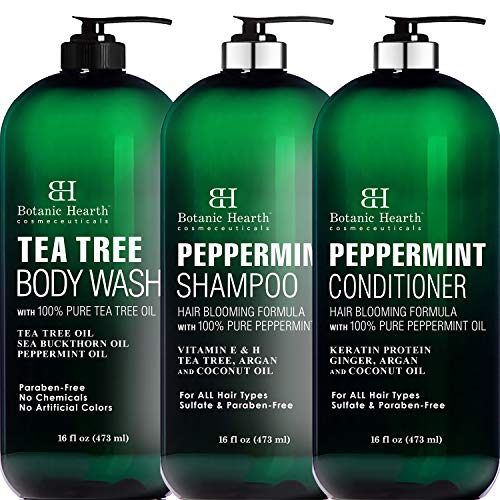 Botanic Hearth Tea Tree Body Wash and Peppermint Shampoo and Conditioner Set Bundle - Hair and Skin Care Combo