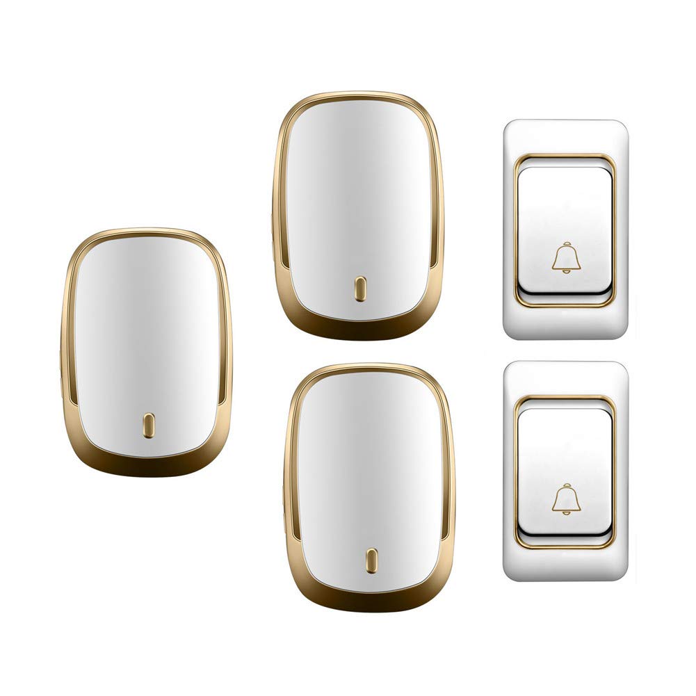 Campanello Wireless Impermeabile IP44, Kit Campanello per Porta a Distanza Ultra Lunga per la casa, 2 Pulsanti + 3 ricevitori, 36 suonerie, 4 Livelli di Volume, Nero,Oro