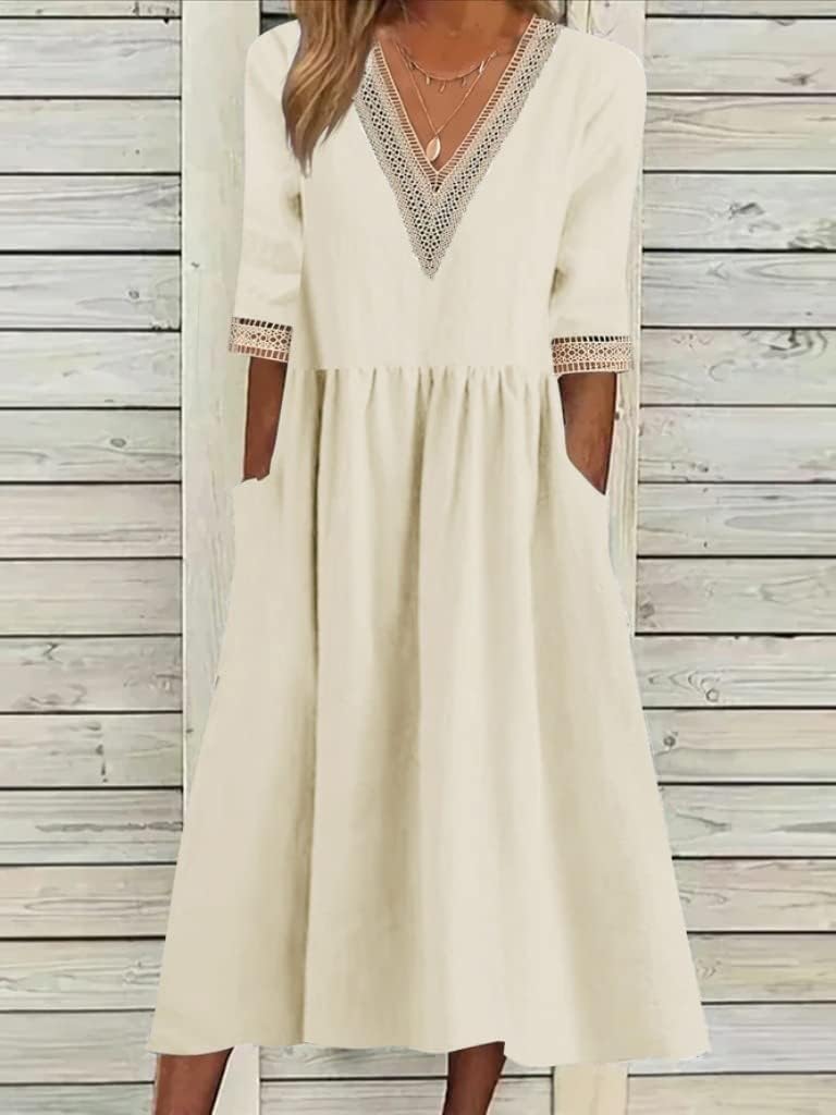 Women's Lace Trim V-Neck Midi Dress 1/2 Sleeve Belted Waist A-Line Casual Elegant Gown Flowy Skirt with Pockets - Image 2