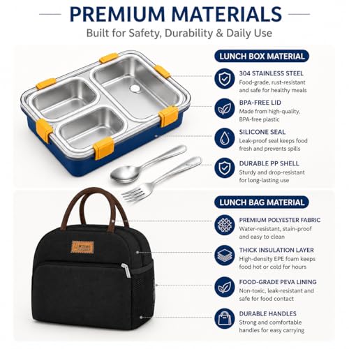 Image of Misamo Enterprise Lunch Box with Insulated Lunch Bag Combo, 3 Compartment Stainless Steel Lunch Box with Spoon & Fork, Reusable Lunch Set for Office, School & Travel (Black Bag+Blue Lunch Box)