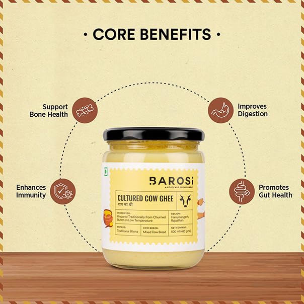 Image of Barosi Premium Cultured Desi Cow Ghee 500 ml | Vedic Bilona Method | Churned from Curd | Pure & Natural | Farm Made in Small Batches | Glass Jar Packing