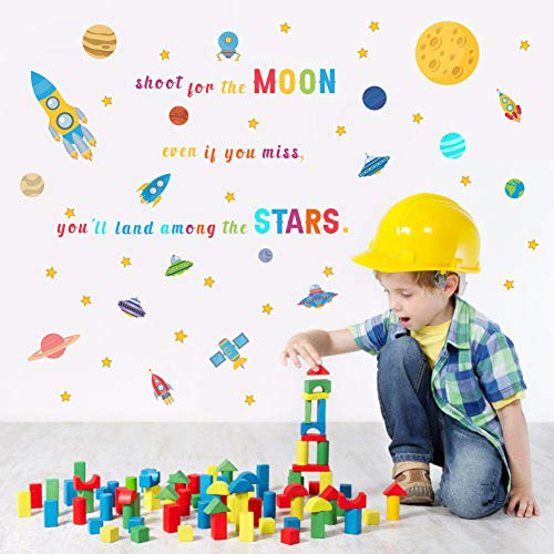 Iarttop Colorful Space Wall Decal, Inspirational Quote Universe Stickers, Watercolor Outer Space Rocket Planets Wall Stickers For Kids Room Nursery Classroom Decor #TOP2