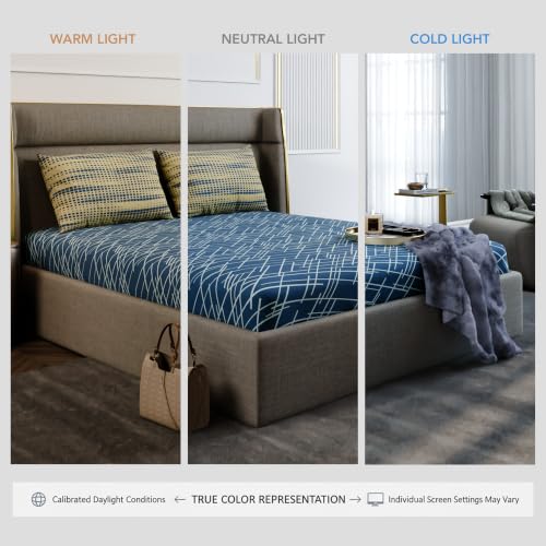 Image of Stoa Paris 100% Cotton King Size Fitted Bedsheet with 2 Pillow Covers, 180TC Printed Bedding Set, All-Season Comfort, Soft & Lightweight, Home Decor, Urbanscape - Cerulean Beams (182cmx198cm+30cm)
