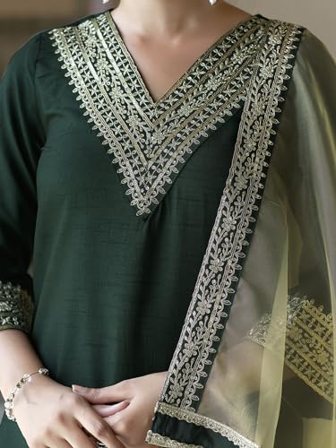 Image of Sanisa Women's Silk Sequence Embroidery Work Straight Kurta With Pant And Dupatta | Ethnic Set | Suit Set | Kurta Set(104KBD1136N-M Dark Green)