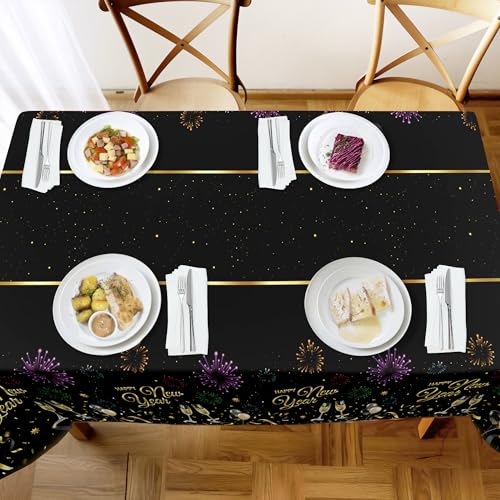 Image of Childom 2 Pack Happy New Year Tablecloths,Happy New Years Decorations 2026,Disposable Rectangular Tablecloths Plastic 54 inchx108 inch,Black and Gold Table Cloth for Home Dining Outdoor Holiday Party Supplies