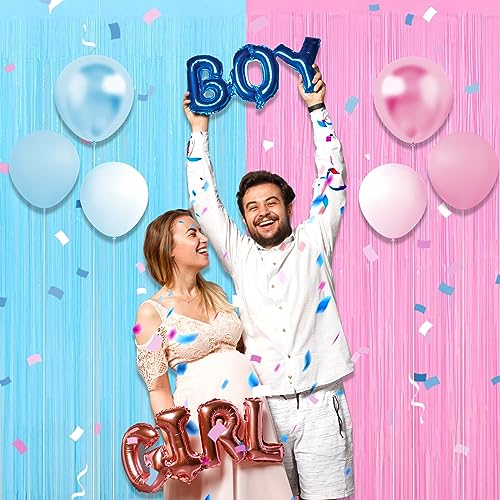 Image of 6 Pack Macaron Pink Blue Foil Fringe Curtain Backdrop, 3.28Ft x 8.2Ft Metallic Tinsel Foil Fringe Streamer Curtains for Photo Booth, Christmas Day, Thanksgiving, Wedding, New Year Party Decorations