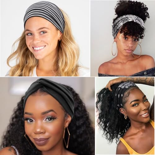 Image of DRESHOW 6 Pack Boho Non-Slip Headbands for Women Girls Yoga Workout Running Knotted Turban Floral Printed Elastic Head Wrap