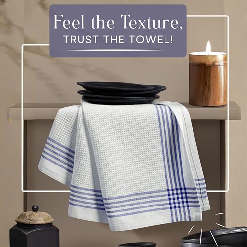 Image of Waffle White & Indigo Blue Kitchen Towels 12 Pack, 100% Cotton, 16x26 inches, Premium Dish Towel, Long Lasting Bar Mop Cloths, Perfect for Drying Dishes, Cooking and Cleanup