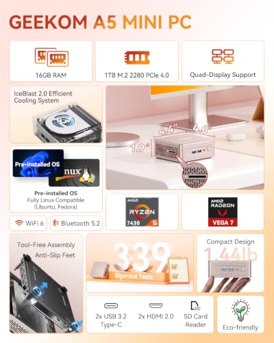 Image of GEEKOM A5 Mini PC, AMD Ryzen 5 7430U, Home Office Desktop Computer | Business Ready, 16GB RAM (Upgradable), 1TB NVMe PCIe 4.0 SSD, Media Server, 8K, SD Card Slot, 6 USB, 3-Year Coverage