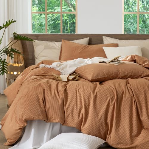 Image of MooMee Striped Duvet Cover Set 100% Washed Cotton Linen Like King | Relaxed Linen-like Texture. Soft, Breathable & Long-lasting Comfort. Lightweight. Hidden Zipper with 8 Interior Corner Ties