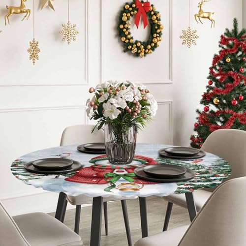 Fitted Tablecloth for Round Table,Snowman Christmas Tree Table Cover with Elastic Edge Waterproof Tablecloth,Winter Snowflake Pine Cones Farm Plank Circle Covers for Kitchen 36-44in – Image 7