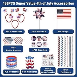 136pcs4thofjulyaccessoriespatrioticpartyfavorsfourthofjulydecorationsuppliesheadbandshutterglassestattoostickernecklaceflagamericanmemorialindependencedayusathemed Urban Country Home Decor 136pcs 4th of july accessories patriotic party favors fourth of july decoration supplies headband shutter glasses tattoo sticker necklace flag american memorial independence day usa themed urban country home decor