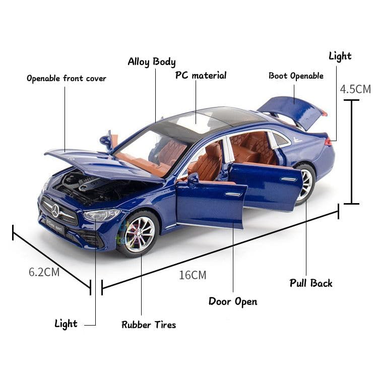 Image of Bebbly 1:32 Scale Mercedes Benz E-Class E300L Toy Car | Metal Pullback Diecast Car for Kids with Openable Doors, Sound, Light Effects Toy for Car Enthusiasts (Color As Per Available),blue