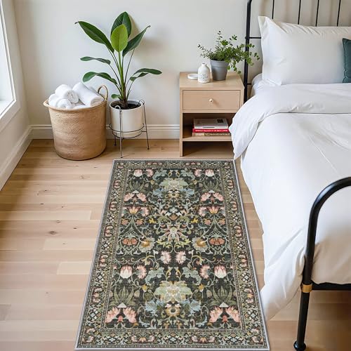 3x5 Living Room Area Rugs: Vintage Washable Non-Slip Rug for Bedroom Dining Room Soft Carpet for Nursery Kitchen Home Office Durable & Easy-Clean Design Perfect for Homes with Cats & Dogs(3x5,Green)