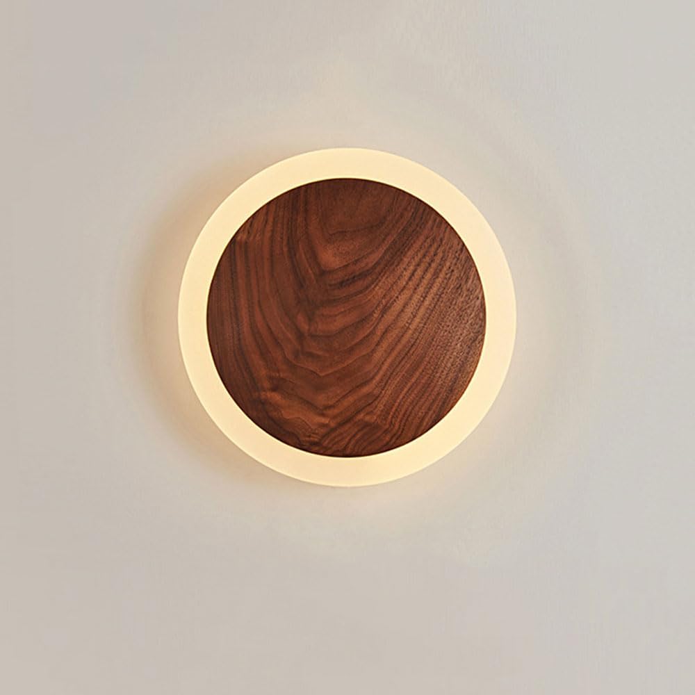 Mid Century Minimalist Black Walnut Farmhouse Wall Sconce Modern Round Hallway Wall Light Fixture Japanese Nordic Bedroom Indoor Wall Lamp for Living Room Stairs Aisle Bedside Entrance Hall