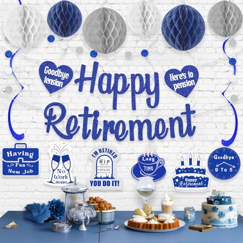 Image of Navy Blue Retirement Party Decorations, Pre-Strung Happy Retirements Banner with Honeycomb Balls, Hanging Swirls, Circle Dots Garland for Happy Retirement Decorations 21pcs