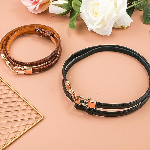 2pcs Skinny Waist Belt for Women, Adjustable Thin Waist Belts Stylish Leather Belt with Gold Buckle Skinny Leather Belt Women Skinny Belt for Shirts Dress (Black, Brown)3