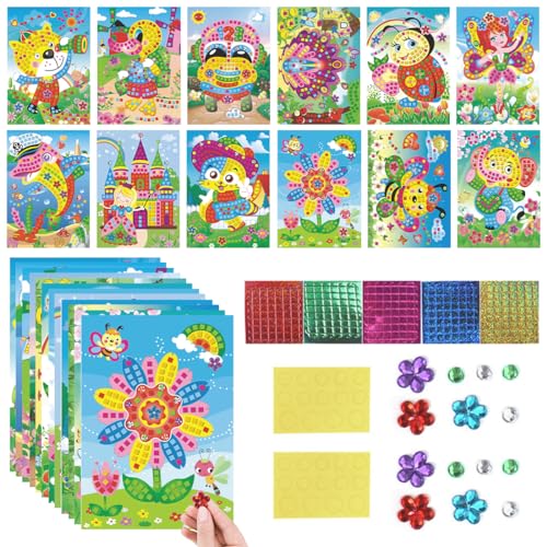 Wishstar Mosaik Bastelset Kinder, 12 Stück Sticky Mosaics Set Kinder, Glitter Multicolour Papiermosaik Bilder, DIY Basteln Geschenke für Mädchen Jungen Ab 4 Jahre