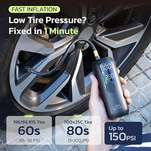 Image of Woowind LP1 Bike Pump Portable Air Compressor, Tire Inflator for Car, 1 Minute Inflation, 150PSI Air Pump for Car Tires, Bikes, Motorcycles, Balls - with Digital Pressure Gauge