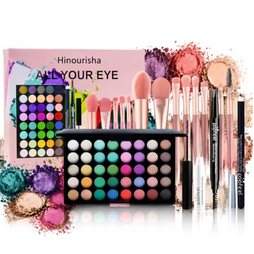 Image of Hinourisha 40 colors Eyeshadow Palette, Pro Eye Shadow Pallets for Women Girls, Full Eye Makeup Essential Kit Include Colourful Eyeshadow Palette, Eyeliner, Mascara, Eyebrow Pencil and Makeup Brush