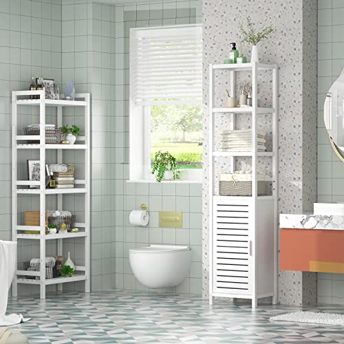 Homykic Bathroom Storage Cabinet Bamboo, 6-Tier 67 Inch Tall Narrow Linen Floor Standing Tower Cabinet Organizer With Shutter Door And Open Shelves For Kitchen, Living Room, Bedroom, White #TOP5