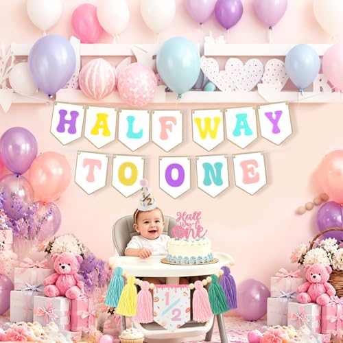 Image of 1 /2 Birthday Girl Half Birthday Decorations, Donuts Candy Half Way to One Banner Glitter Cake Topper Tassel Wood Bead High Chair Banner & Cone Hat 6 Months birthday Decorations Party Supplies