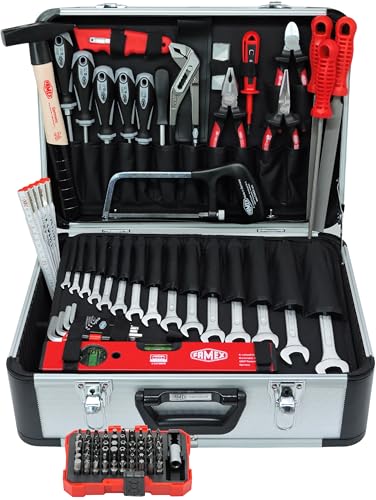 FAMEX 729-87 Alu Werkzeugkoffer gefüllt mit Profi Werkzeug-Set - max. Tragkraft 30kg, viele Werkzeuge aus deutscher Produktion - Platz für weitere Werkzeuge und Teile