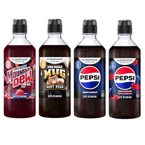 Image of Sodastream MTN Dew Code Red Zero, Mug Root Zero, Pepsi Zero & pepsi Wild Cherry Zero New Pour Bottle, Variety Pack 440ml (Pack of 4)