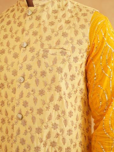 Image of SOJANYA (Since 1958 Men's Pure Cotton Mustard Kurta and White Pyjama With Yellow Embroidery Nehru Jacket