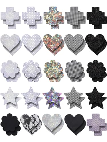 Poen 25 Pairs Glitters Pasties Summer Breast Pasties Stickers Self Adhesive Reusable Sticky Breast Patch for Women Black, White
