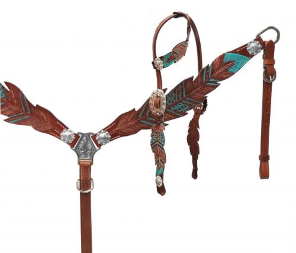 Showman Teal Painted Feather Medium Oil Leather Horse One Ear Bridle Headstall Breast Collar Reins