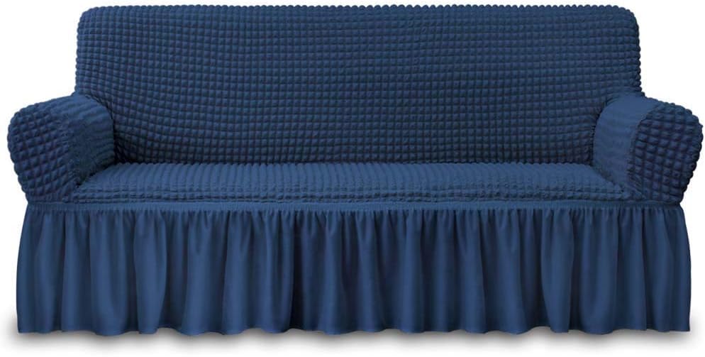 Image of Bails Sofa Cover 3 Seater Fully Covered | Turkish Elastic Sofa Cover | Sofa Cover 3Seater | Universal Elastic Bubble Fabric with Frill Sofa Protector Cover (Navy, 3 Seater)