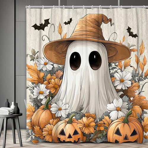 Lacoiime Halloween Shower Curtain, Spooky Bathroom Curtain Ghost Pumpkin Halloween Ghost Cute Funny Fall Autumn Floral Shower Curtains Bathroom Decor Set with Hooks,60X70IN