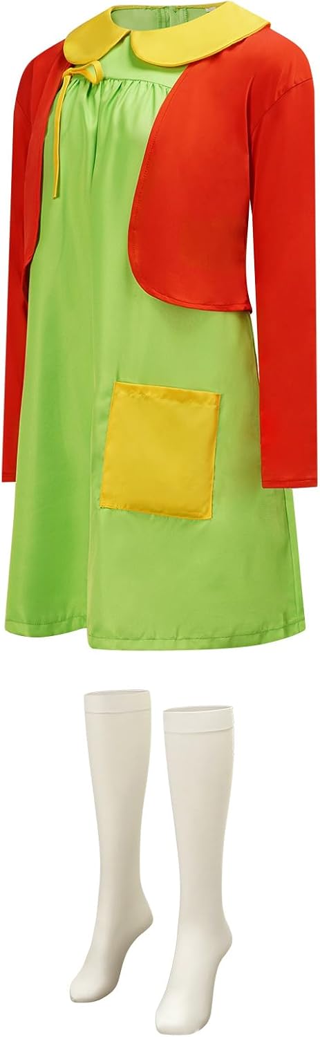 La Chilindrina Costume Dress for Women Green Dress Red Knit Cardigan Shorts Glasses Halloween Cosplay Outfit - Image 4