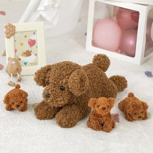 MorisMos riesen Pudel Teddyhund Kuscheltier XXL mit 3 welpen im Bauch, 47cm groß Pudel Hund Plüschtier Stofftier Kuscheltiere, Geburtstag Weihnachten Geschenk Kinder Baby