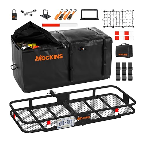 Mockins 60"x24"x6" Weatherproof Trailer Hitch Cargo Carrier & 25 Cu.Ft. Waterproof Cargo Bag | 500 Lbs. Capacity Folding Luggage Rack for Car Hitch w/All-Weather Truck Bed Storage Bag & Accessories