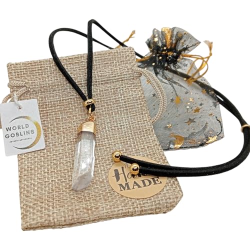 Collar Protección Cuarzo Blanco Natural Cristal de Roca, Colgante Hecho a Mano con Cordón Antelina Negra 70cm, Acero Inoxidable 316L, Amuleto Energético Reiki, Piedras curativa curación Chakras (18K)