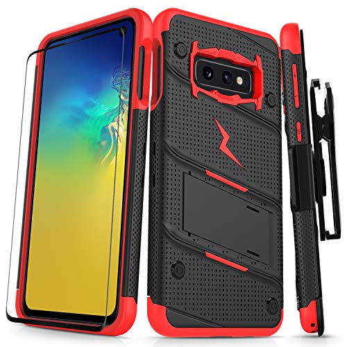 ZIZO Bolt Series for Galaxy S10e Case Heavy-Duty Military Grade Drop Tested Bundle with Tempered Glass Screen Protector Holster and Kickstand Black Red