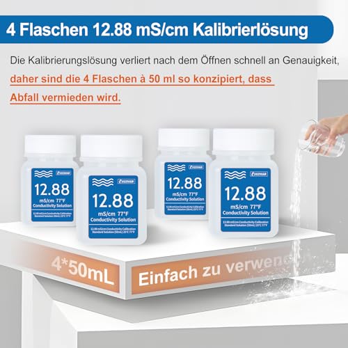 UIUZMAR 12.88 mS/cm Kalibrierlösung, Leitfähigkeit Standard Pufferlösung für EC Messgerät Hydroponik und TDS Messgerät, 4 Flaschen à 50 ml