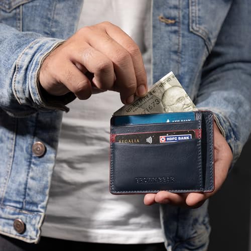 Image of BROWN BEAR Premium Branded Men's Card Holder - Stylish, RFID Leather Card Holder (Blue /Red)