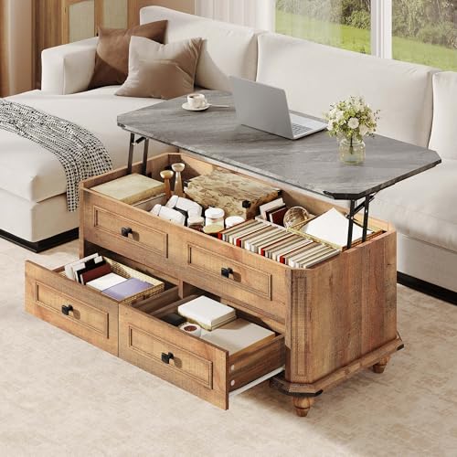 DWVO Lift Top Coffee Table with Storage, Farmhouse Wood Central Table w/Large Hidden Compartment, 2 Storage Drawers, Lift Tabletop Dining Table for Living Room, Reception Room, Rustic Brown