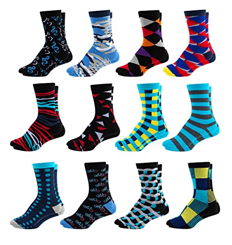 Men's Colorful Dress Socks - Fun Patterned Funky Crew Socks For Men - 12 Pack